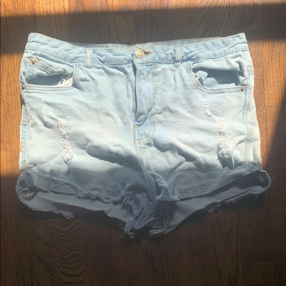 mad denim Pants - Blue High-Waisted Distressed Jean Shorts